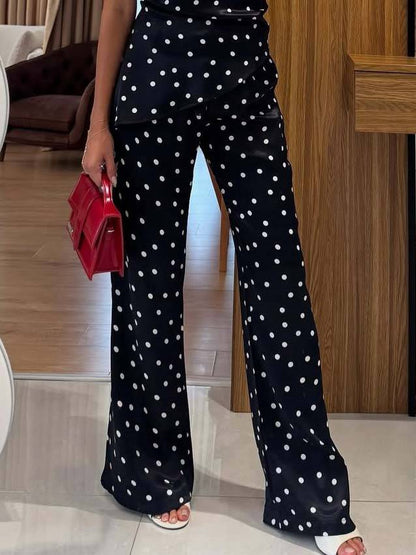 Vintage Polka Dot Off-Shoulder Top And Wide Leg Pants Suit-Pants