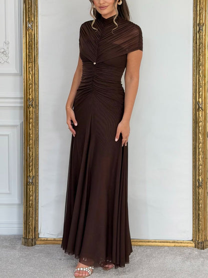 Mesh Pleated Short-sleeved Maxi Dress