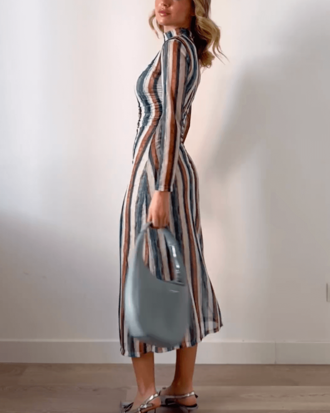 High Neck Long-sleeved Midi Dress