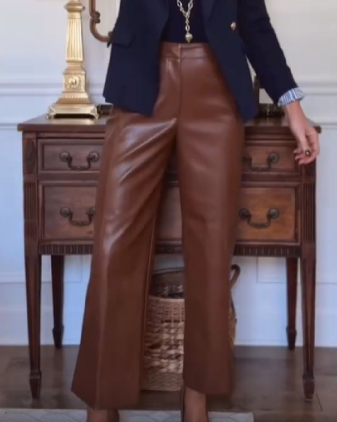 Brown High Waisted PU Straight Leg Pants