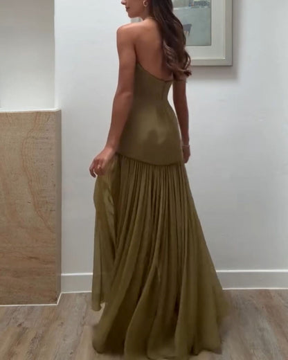 Green Strapless Top Flowing High-Waist Maxi Skirt Set