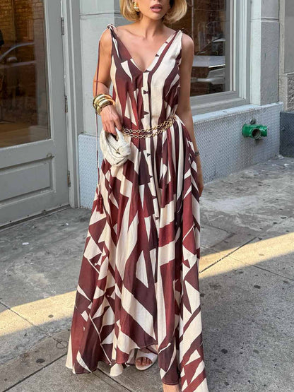 Unique Abstract Geometric Print Deep V-neck Fluffy Maxi Dress