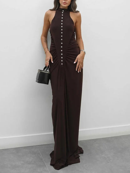 Elegant Multi-button Draped Fitted Maxi Dress