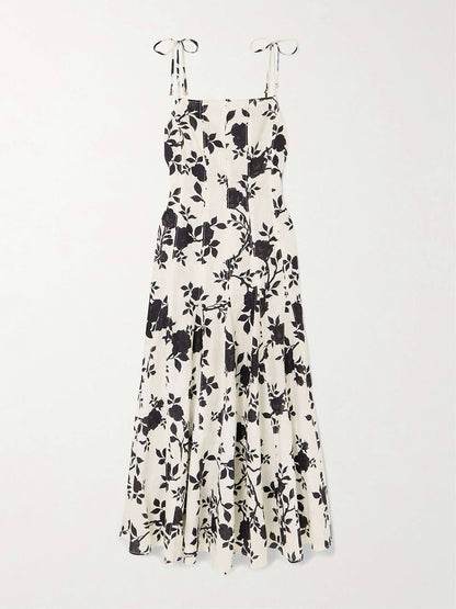 Elegant Floral-Print Linen And Cotton-Blend Midi Dress
