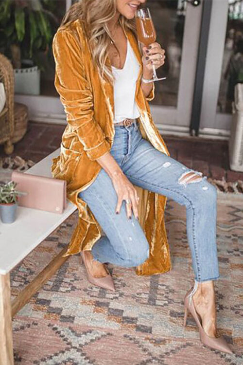 Stylish Open Front Long Sleeve Velvet Long Coat