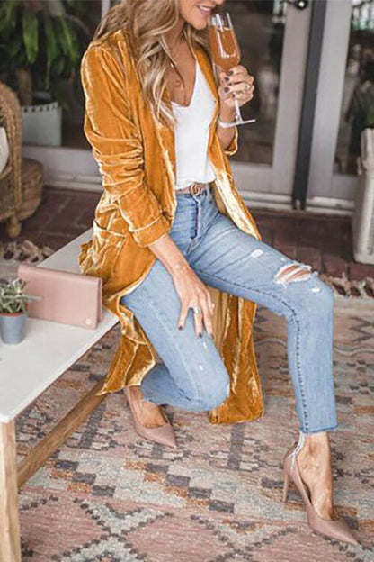 Stylish Open Front Long Sleeve Velvet Long Coat