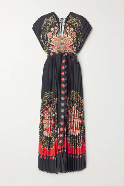 Exquisite Tie-Up Pleated Printed Crepe Maxi Dress