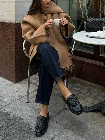 Fashion Solid Color Scarf-Neck Wool Short Coat