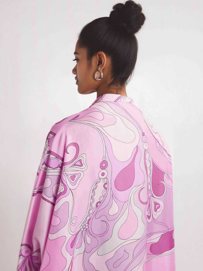 Retro Glam Pink Swirl Print Kaftan Maxi Dress