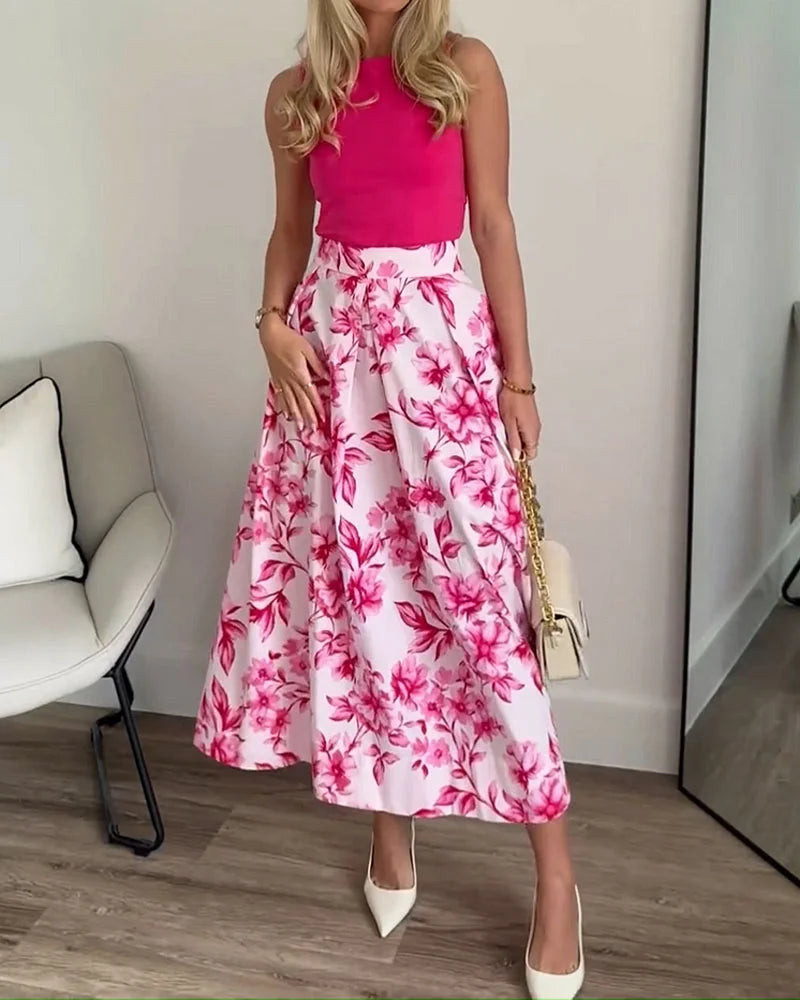 Elegant Tank Top & Printed Skirt Two-Piece Set