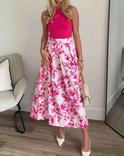 Elegant Tank Top & Printed Skirt Two-Piece Set