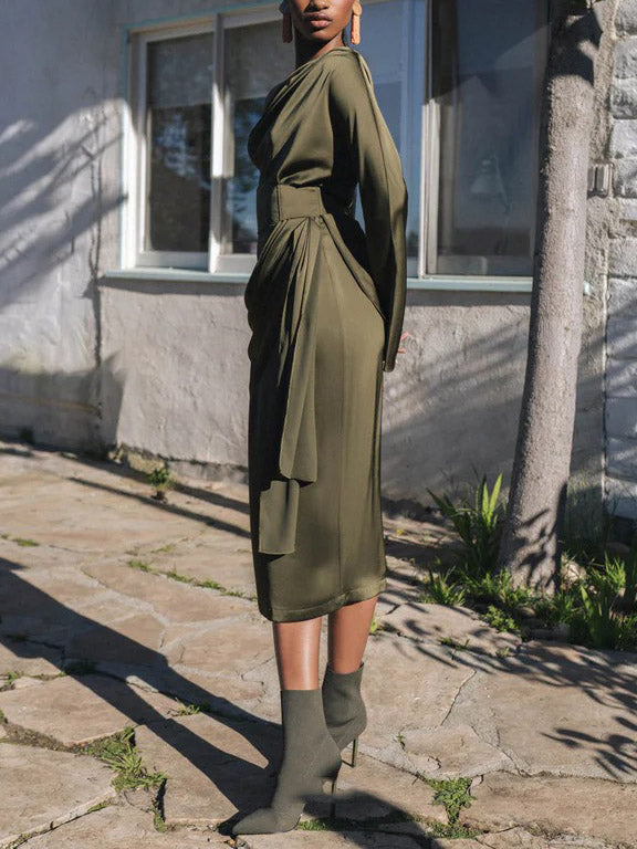 Elegant High-waisted Draped Satin Midi Skirt