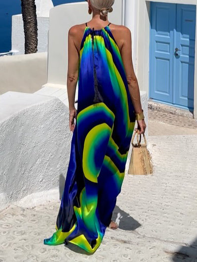 Unique Abstract Swirl Print Halterneck Maxi Dress