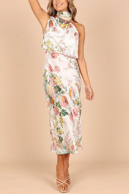 Floral Halter Neck Elastic Waist Maxi Dress