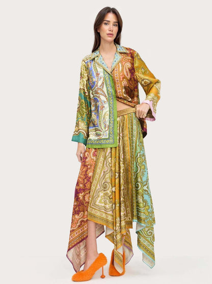 Retro Paisley Print Satin Long Sleeve Shirt