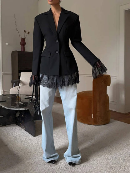 Casual Lace Hem Detail Black Blazer