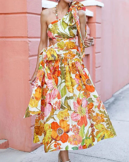 Elegant One-shoulder Lace-up Print Dress