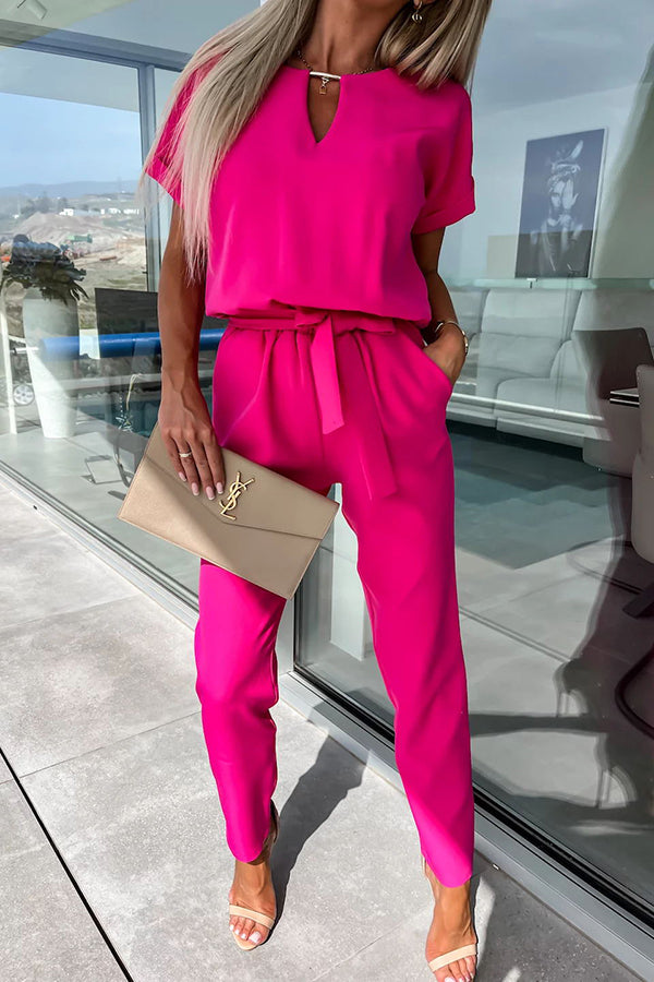 Metal Cutout Neck Belted Pocketed