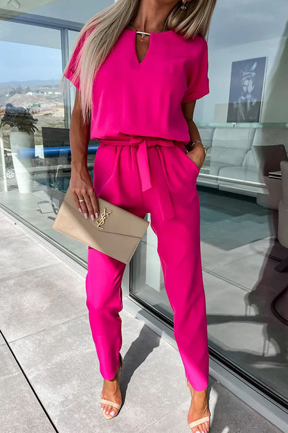 Metal Cutout Neck Belted Pocketed