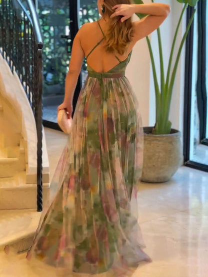 Elegant Casual Mesh Print Suspender Wide Swing Maxi Dress