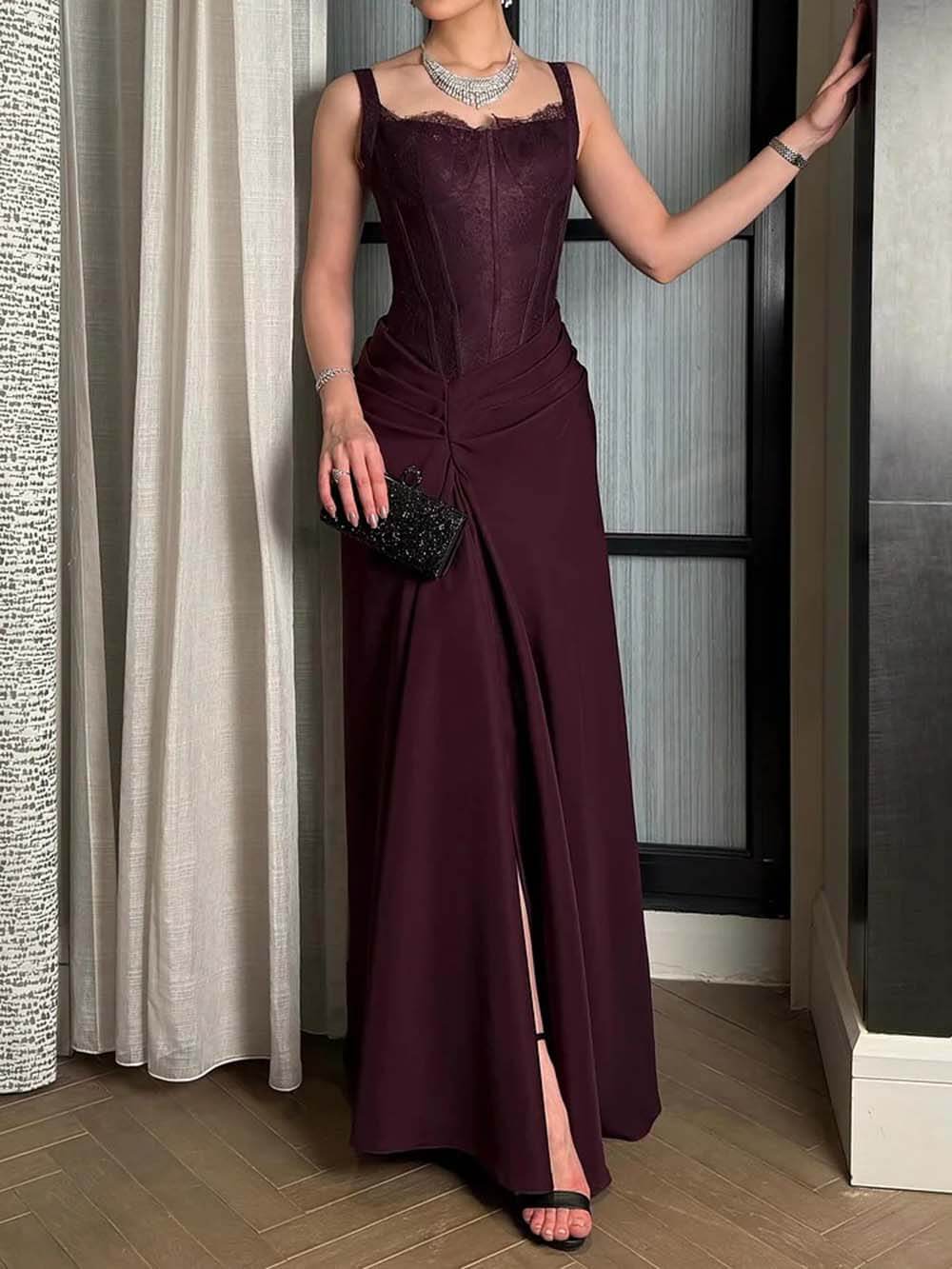 Elegant Lace With Side Slit Evening Gown Maxi Dress
