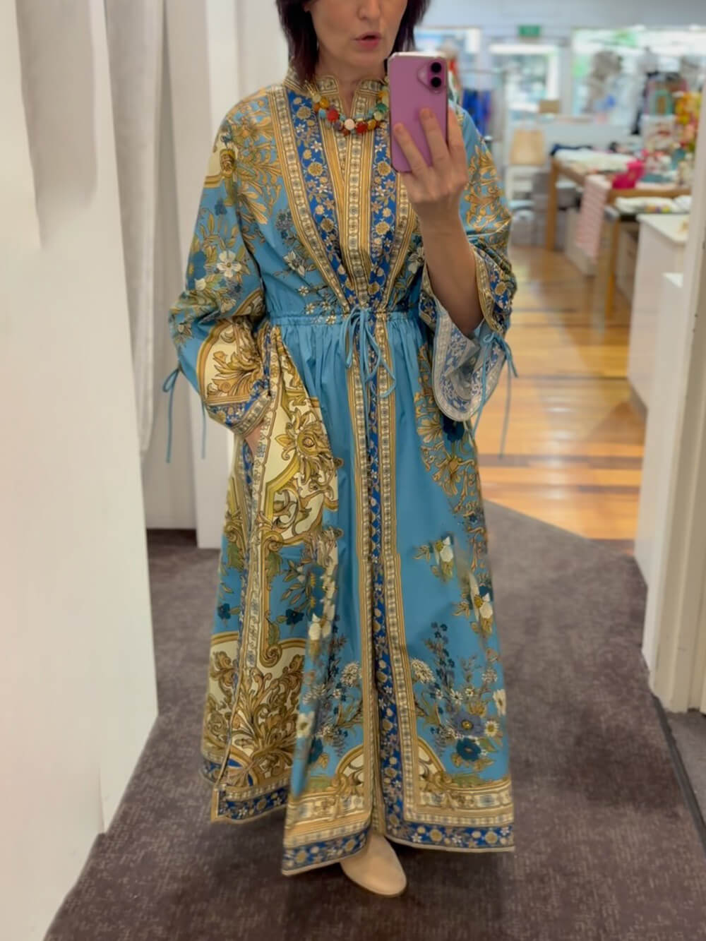 Unique Effortless Floral Print Cuffs Waist Drawstring Loose Shirt Silhouette Dress