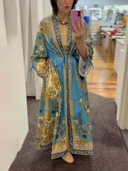 Unique Effortless Floral Print Cuffs Waist Drawstring Loose Shirt Silhouette Dress