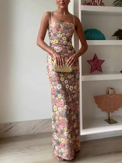 Retro Inspired Floral Print Sequin Square Neck Slip Stretch Maxi Dress