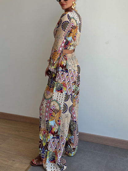 Retro Plant Print Short Wide-leg Pants