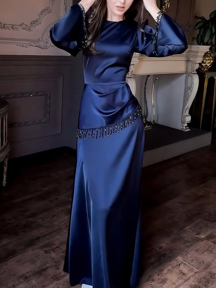 Elegant Satin Beaded Tassel Maxi Dress