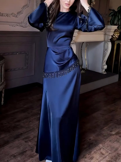 Elegant Satin Beaded Tassel Maxi Dress