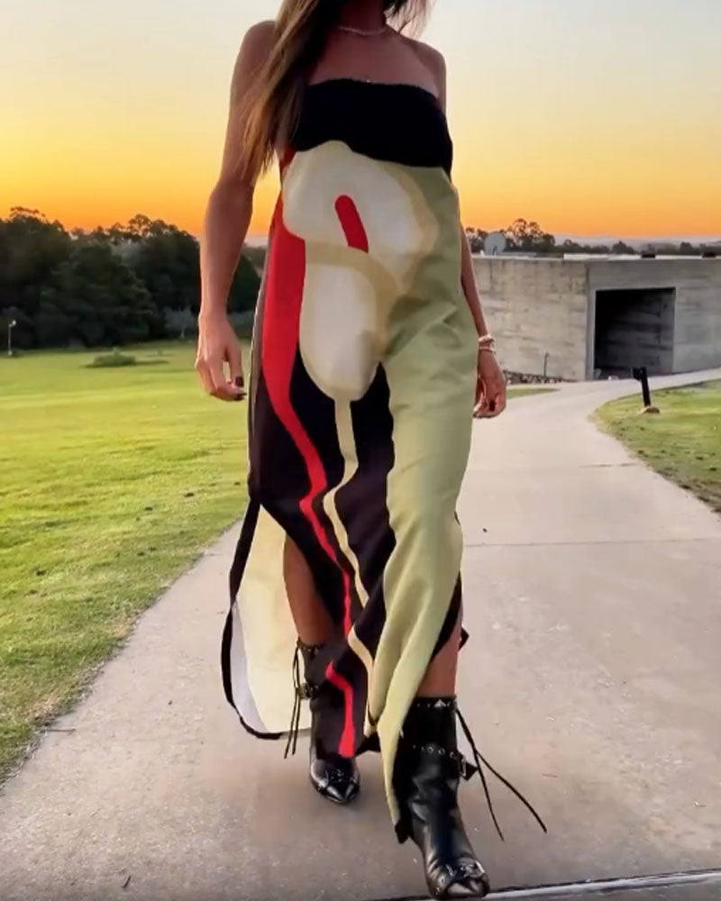 Fashion Art Print Strapless Split Dress