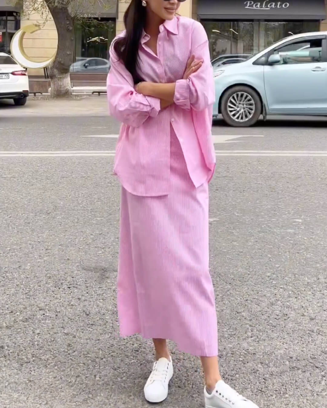 Loose Striped Shirt and Elastic Waist Short Set with Cami Top