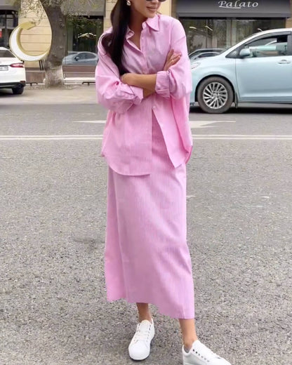 Loose Striped Shirt and Elastic Waist Short Set with Cami Top