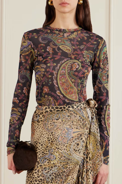 Unique Ruffled Leopard Print Paisley Satin Wrap Midi Skirt