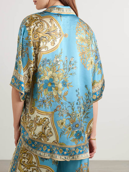 Unique Casual Floral Print Satin Loose Button-Up Shirt