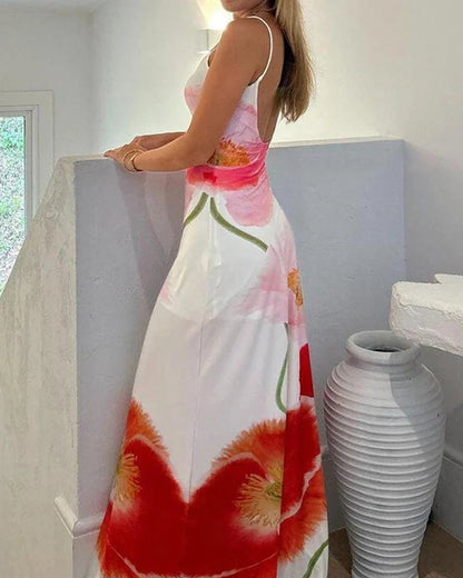 Halter Backless Floral Print Sexy Maxi Dress