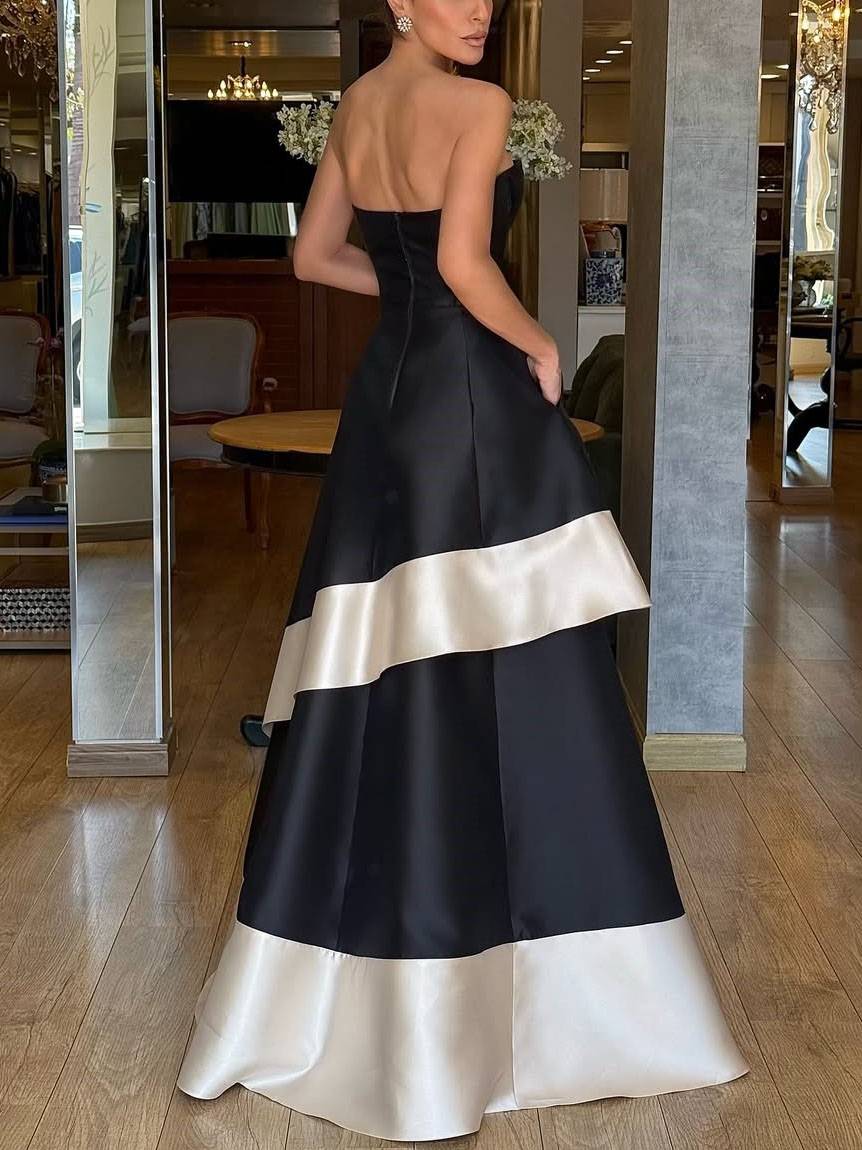 Tube Top Color Contrast High Waist A- Line Maxi Dress