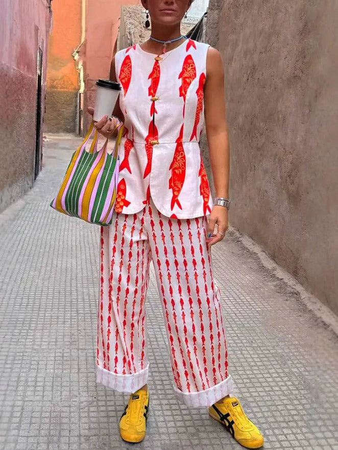 Unique Lucky Fish Print Elastic Waist Wide-leg Pants