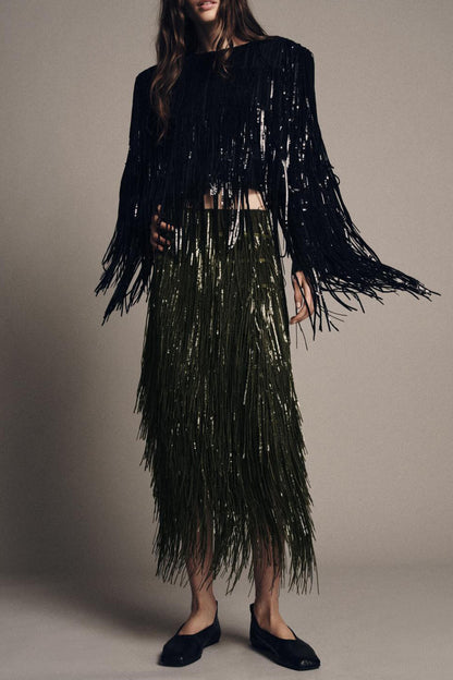Exquisite Sequin Fringe Embellished Round-Neck Long-Sleeve Jacket