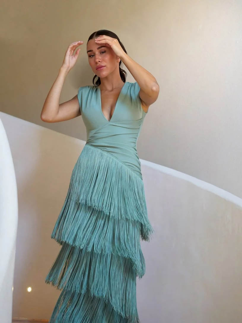 Elegant V-neck Pleated Fringe Maxi Dress