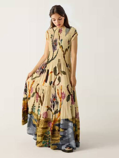 Pleated Print Maxi Dress