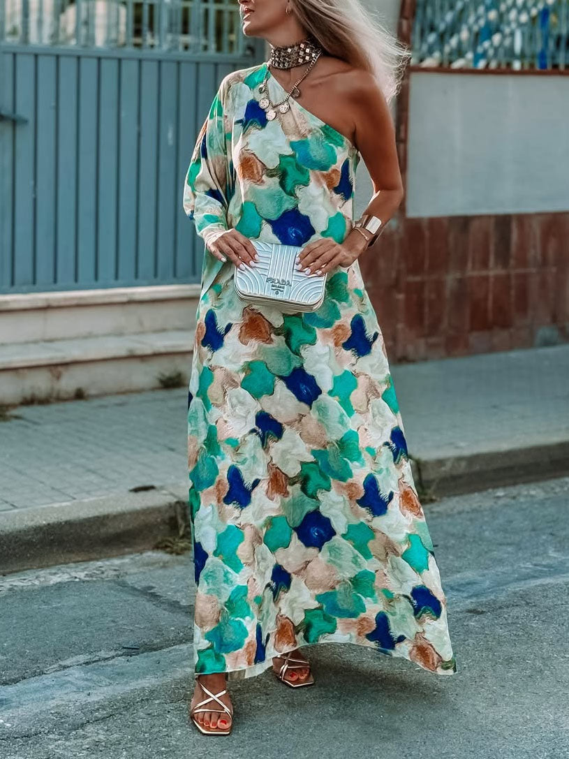 Asymmetric Neckline One-Sleeve Printed Chiffon Dress