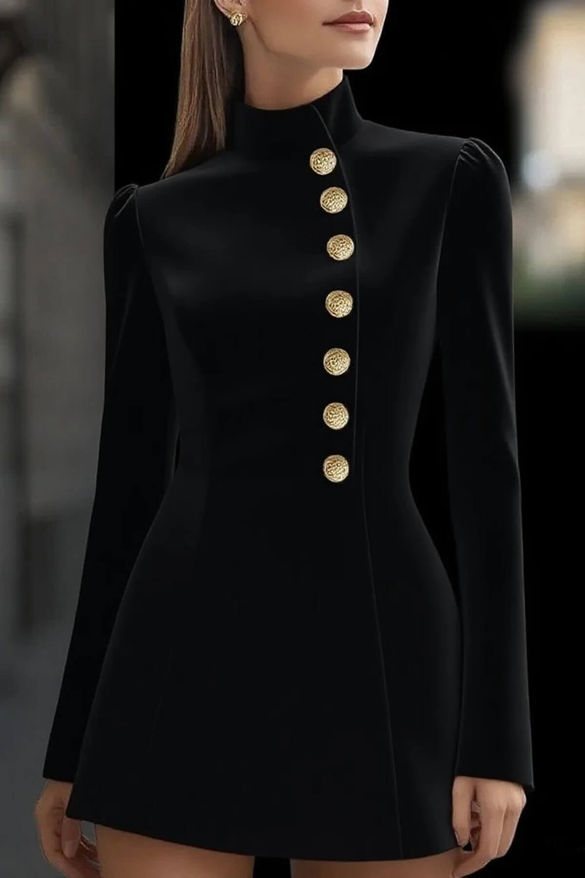 Elegant Retro High-Neck Metal Button Party Mini Dress