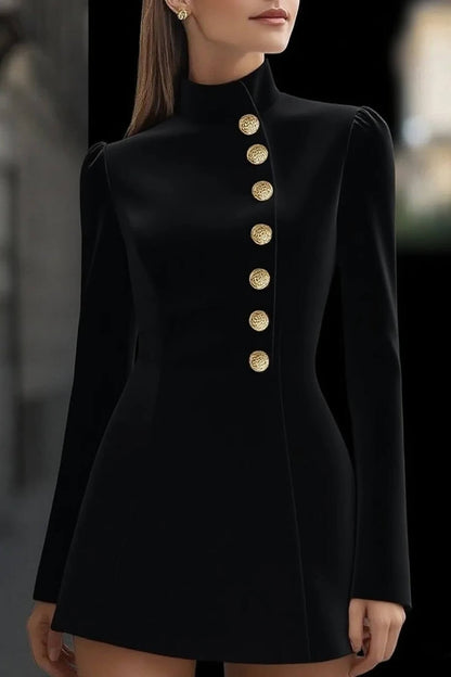 Elegant Retro High-Neck Metal Button Party Mini Dress