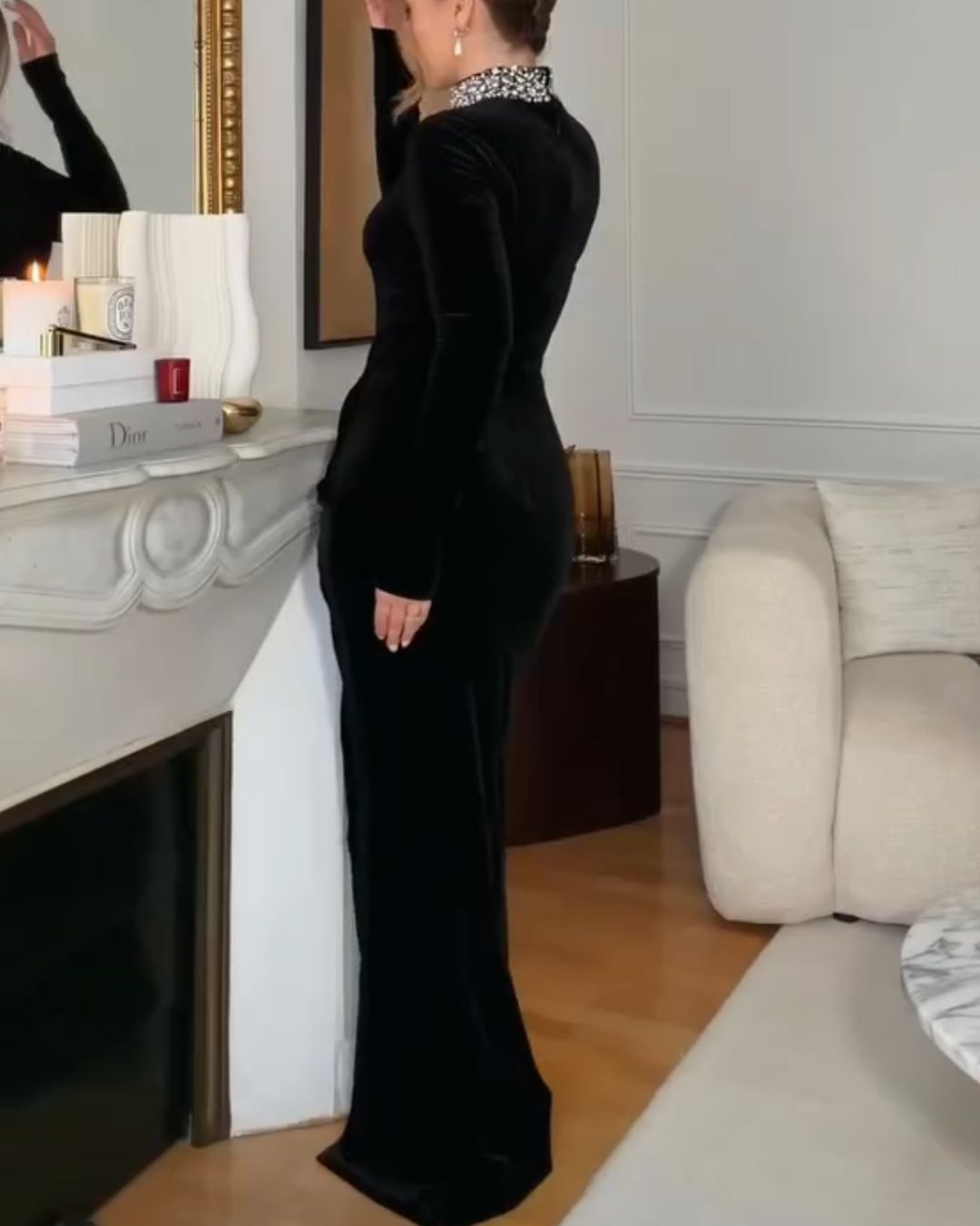 Elegant Black Velvet Rhinestone Mock Neck Ruched High Slit Maxi Dress