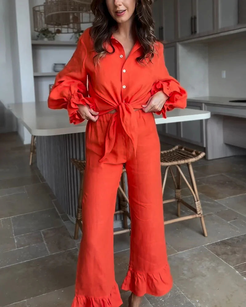 Ruffled casual cotton and linen two-piece set