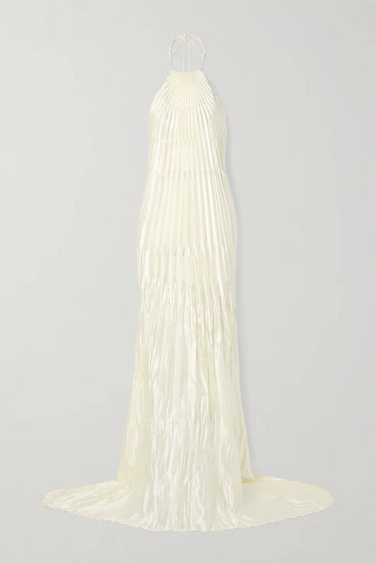 Elegant Pleated Satin Backless Maxi Dress