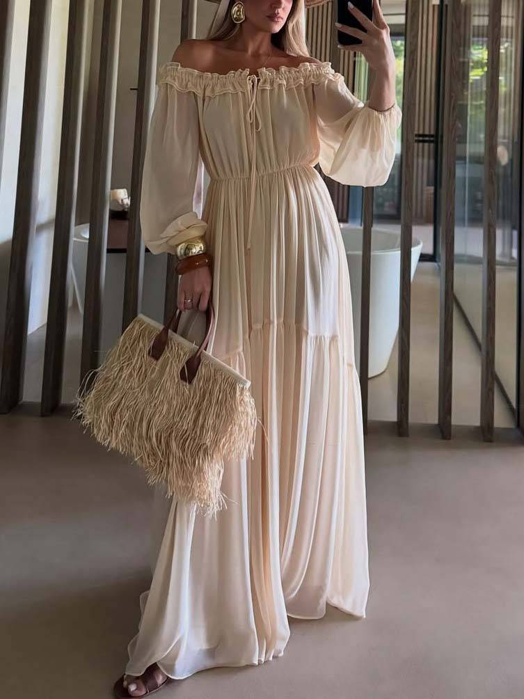 Vacation Style Off-shoulder Lace-up Long Sleeve Maxi Dress