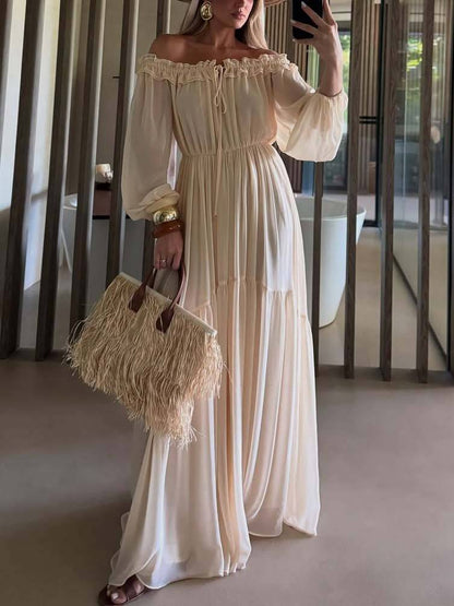 Vacation Style Off-shoulder Lace-up Long Sleeve Maxi Dress